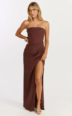 Tara Maxi Dress - Strapless Corset Drape Skirt Dress in Chocolate