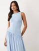 sleeveless midaxi dress with dropped seam and bubble hem in light blue