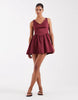 waisted v-neck mini sundress with seaming details in washed burgundy