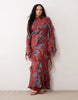 Curve draped raw edge ruffle trim long sleeve maxi dress in floral print