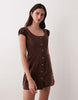 scoop neck button down mini dress with cap sleeve in chocolate twill