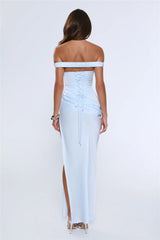 The After Party Off Shoulder Satin Maxi Dress Blue