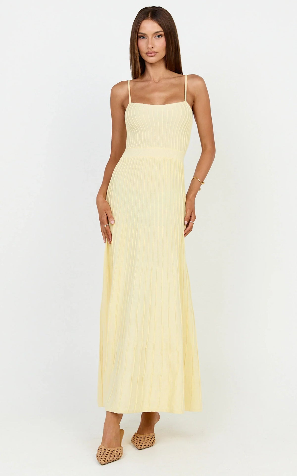 Donissa Midi Dress - Panelled Knit Dress in Butter Yellow