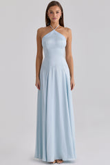 blue satin halter neck godet maxi dress