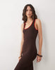 racer neck bodycon midaxi dress in brown with red tipping