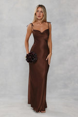 The Penelope Cowl Satin Maxi Dress Chocolate Brown