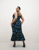Curve scoop neck fishtail godet midi sundress in black floral print