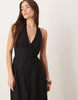 cotton linen blend halter neck midi sundress with sculpted bust in black