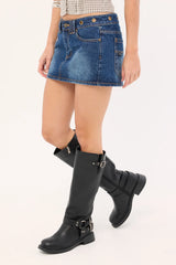 Rusty Blasted Eye Let Loose Denim Micro Skirt Blasted Deep Sea Blue