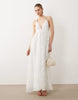 SNDYS linen look textured floral beaded detailing plunge halterneck maxi dress in white