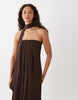 bandeau pleated trapeze midi dress with scarf detail in brown