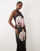 YAS placement orchid print satin racer maxi dress in black