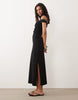 snaps off shoulder midi dress in black