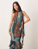 chiffon halter neck maxi dress with scarf detail in blue abstract