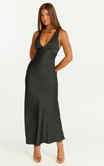 Khalani Maxi Dress - Deep V Neck Satin Slip Dress in Black