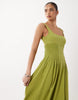 crinkle square neck panel detail midi dress in citrus green