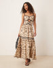 cami cut out embroidered maxi dress in stone with black tipping