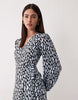 Wednesday's Girl long sleeve tie detail wrap dress in blue smudged dots