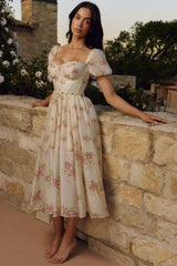 ivory vintage rose print chiffon midi dress