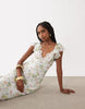frill sleeve sweetheart neck midi dress in navy spot print