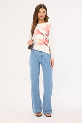 Luck & Trouble August Asymmetrical Long Sleeve Top White Print