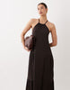 textured halter trapeze maxi dress in chocolate