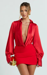 Zephyr Bodysuit - Plunge Neck Cowl Bodysuit in Red
