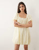 square neck bubble mini dress with embroidery detail in lemon