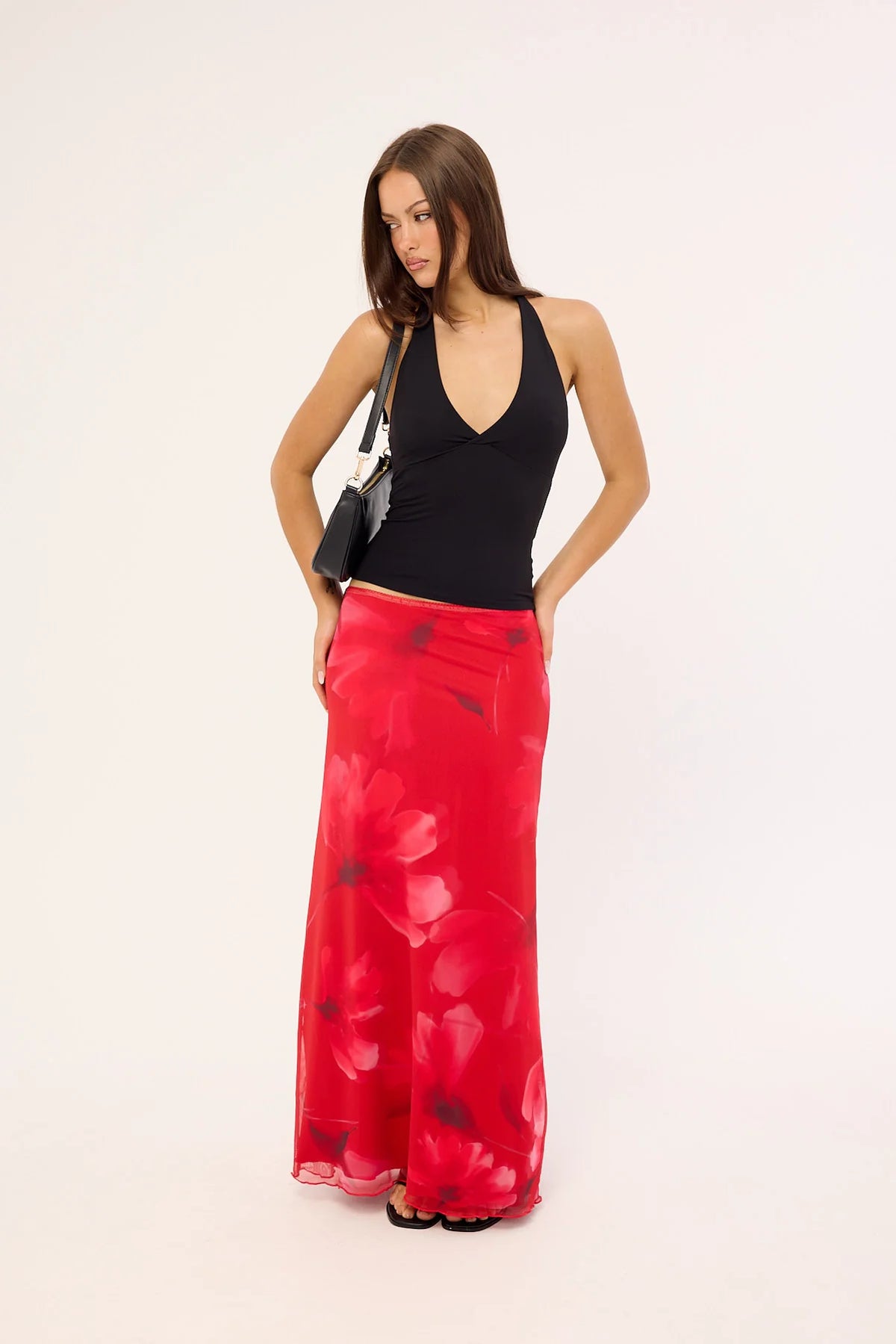 Luck & Trouble Mindy Mesh Floral Maxi Skirt Red