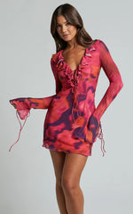 Alesya Mini Dress - Ruffle Plunge Neck Long Sleeve Tie Detail Dress in Adeana Print