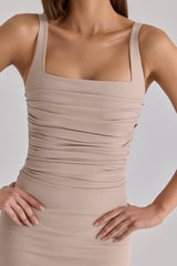 taupe stretch crepe ruched maxi dress