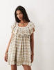 scoop neck mini smock dress with ruffles in tan plaid