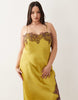 Curve satin lace applique midi dress in bright olive green