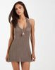 crochet knit halter mini dress in brown
