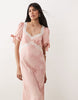Hope & Ivy satin jacquard lace trim tie sleeve midi dress in pink