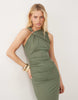 sleeveless ruched midi dress with trim detail in khaki
