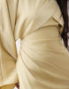 draped long sleeve cross front high neck satin maxi dress
