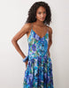 satin bias shift dress with bubble hem in blue floral