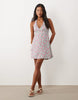 Nobody's Child Petite Lynette deep v halter neck mini dress in blue floral
