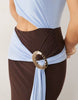 slinky color block slash neck maxi dress with gold trim detail in chocolate and baby blue
