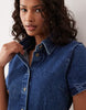 denim pleat hem shirt dress in midwash blue