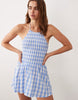Esmée shirred halter mini dress in blue & white gingham
