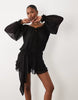 Oh Polly chiffon off shoulder balloon sleeve layered skirt tie detail mini dress in black