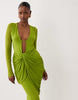 mesh deep plunge neck long sleeve midi dress with draping in green