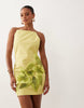 embroidered 3d leaves mini cami dress in lime green