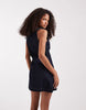denim tie straps a-line mini dress in indigo blue