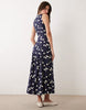 racer neck maxi dress with godets in navy polka dots