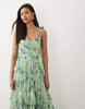 Lace & Beads Bridesmaid bow shoulders tulle maxi dress in sage green print