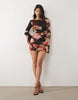 mesh waterfall sleeve ruched mini dress in red bloom floral