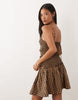 Petite crinkle mini dress with shirred dropped waist in navy and tan gingham
